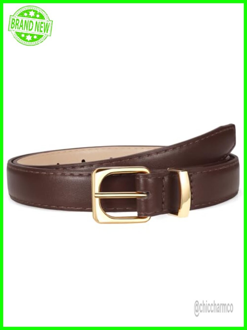 Women's Thin Faux Leather Belt with Gold Buckle for Jeans Pants Dress